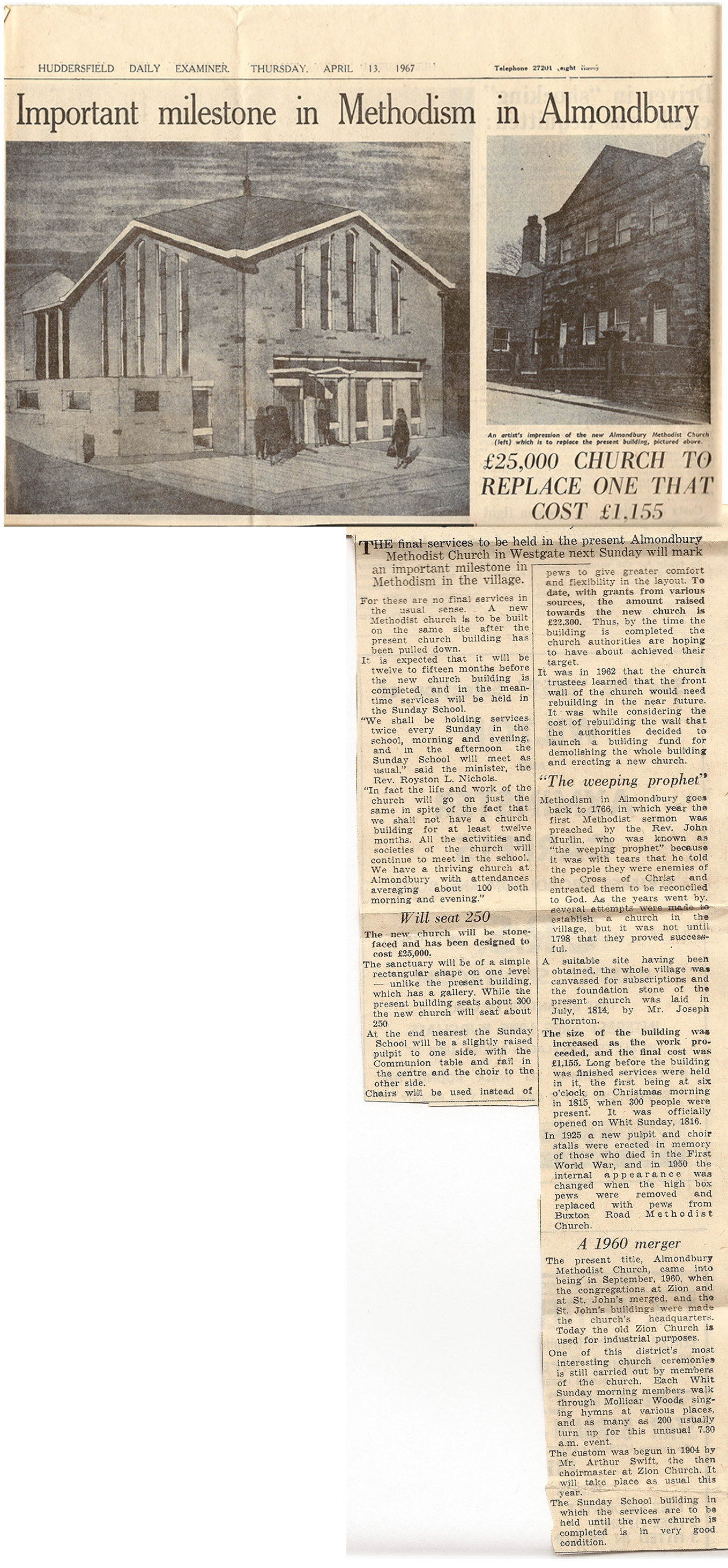 Newspaper article about Almondbury Methodist Church from Huddersfield Examiner 13th June 1967